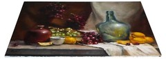 New Original Oil Painting Still Life Realism Glass Bottle, Vase w Fruits Signed