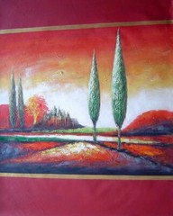 40×30 Modern Green Cypress Trees in Red Sunrise Landscape Oil Painting