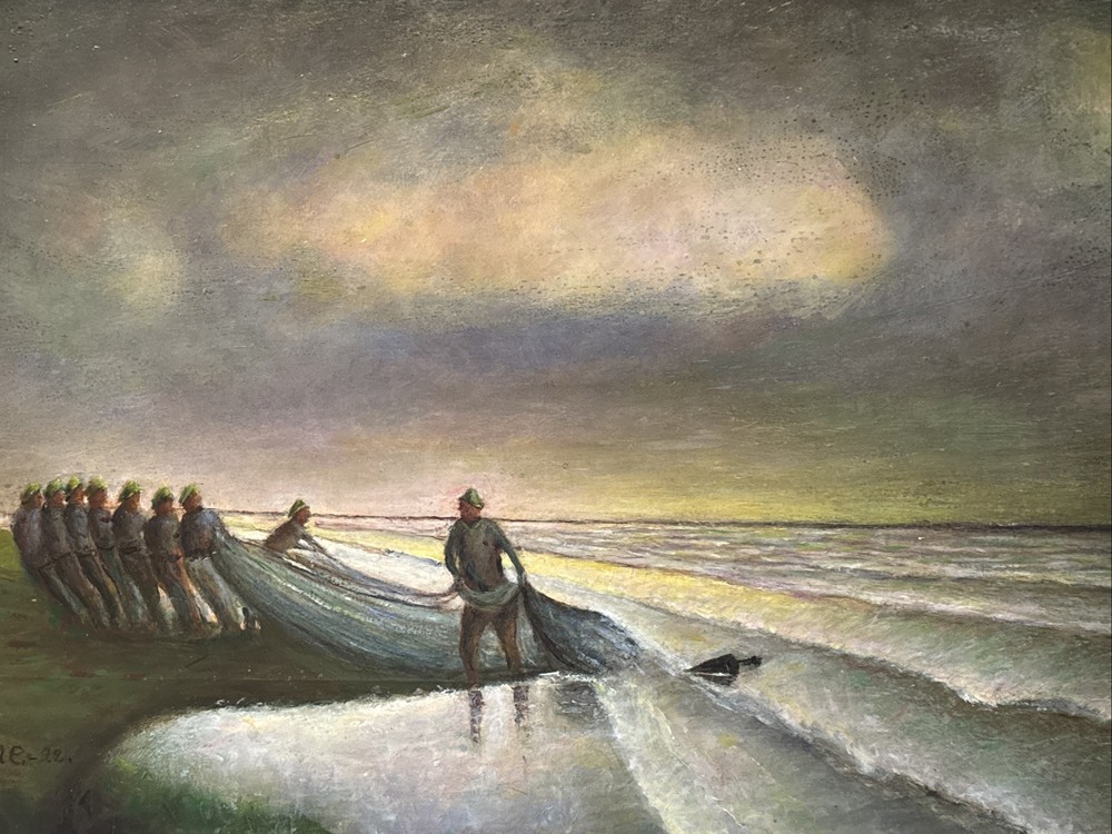 Antique Painting Wpa Regionalism Beach Fisherman Sunset Evening Coastal Sea Oil