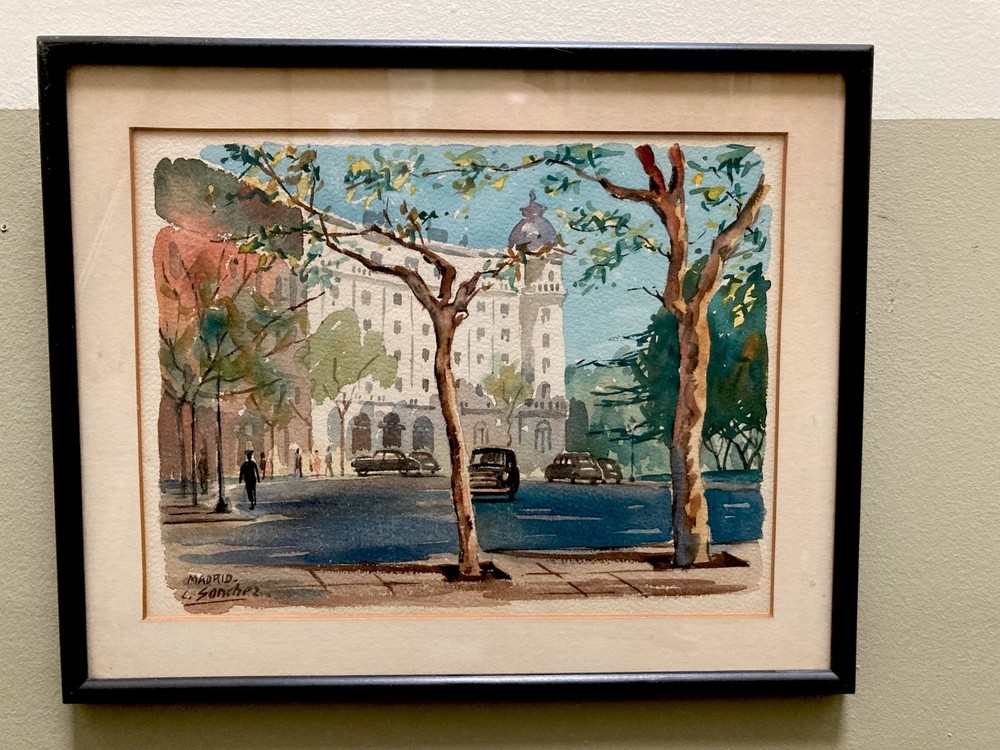 Vintage Watercolor Painting Street Scene In Madrid Spain Signed C. Sanchez Frame