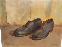 WILLIAM MENELAWS „IN REPOSE“ ORIGINAL OIL BOARD PAIR OF OLD SHOES PAINTING 1962