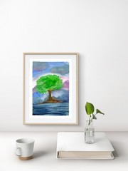 A Lone Tree Colorful Abstract Impressionist Original Watercolor 5×7 Signed