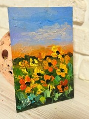 Sunflowers Field Original Oil Painting Landscape Flowers Impasto 8×5.5 in