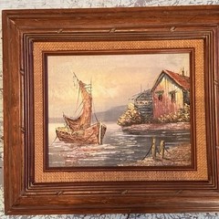 Painting Oil On Canvas signed Fishing Boats Nautical Sea Scape Harbor 16×14″