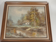 T. Azeen Signed original Oil On Canvas Framed 30″x27″ landscape house on stream