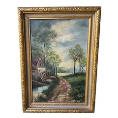 Vintage Fannye Caswell 1929 Original Oil Painting 21×15 Inch Old Mill Landscape