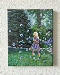 Original 8″ x 10″ Canvas Painting Girl Child With Bubbles Summer Garden Art