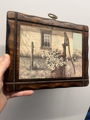 Vintage Farm Rustic Pump & Barn Farmhouse Dark Wood Framed Brown Plaque