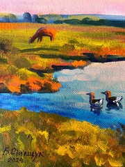 Oil Painting Ducks In The River V. Simashchuk Unframed Original nAAA3578