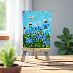 ACEO Cornflowers 1 Honey Bee Original Painting Wildflower Bumblebee Handmade Art