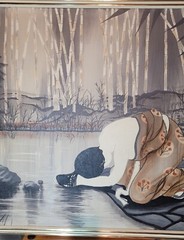 VTG Chinese Women Washing, Bamboo Oil On Canvas Framed Painting Signed 38″ x 46″