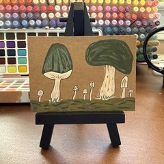 Original Watercolor ACEO – whimsical mushroom art recycle – OOAK Mini Nature