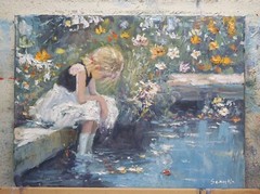 Sean Wu original oil, 12×16 on stretched canvas, Girl sitting by the pond