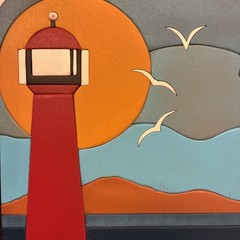 Vintage David Herring Leather Intarsia Wall Art Large 20×15 Lighthouse Inlay