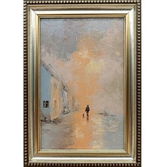 Cityscape Original Oil Painting 4×6 Framed Signed Rainy City Street People Art