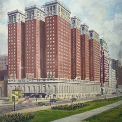 1930’s Signed J Weyers Oil On Board Of A Cityscape W/Hotel & Cars