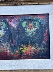VINTAGE OWL PAINTING MYSTERY ARTIST EXPRESSIONISM MID CENTURY MODERN SIGNED