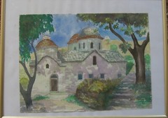 WATERCOLOR VIEW OF VATHY AGIOS GIANNAKIS CHURCH GREECE ORIGINAL E.K. USED