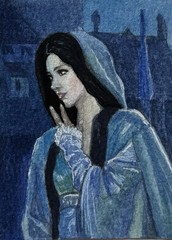 Original Watercolor ACEO Blue Veiled Woman Portrait Miniature 2.5×3.5”
