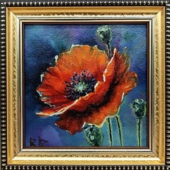 Poppy Original Oil Painting 6×4 Framed Signed Red Flower Blue Abstract Wall Art