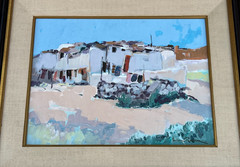 Heinz Rosien (b.1919- ) „Southwest Desert Village/ Ranch“ Oil Painting on Board