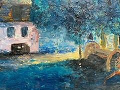 Farmhouse Night Fields Moonlight Blue Mountains Barn Hay Antique