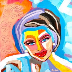 DUBE Original Painting Lady Face Portrait Colorful 12×12 Cradled Wood Panel OOAK