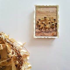 Sheep Painting Original Oil Artwork Landscape Abstract Modern Small Wall Artwork