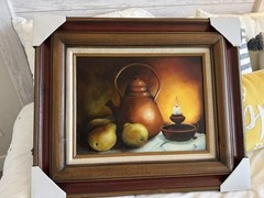 Vintage Original Kitchen Still Life Oil Painting Wood Frame Signed Wall Art