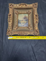 Vintage Miniature Landscape Oil Painting Figures Cottage Ornate Gilt Wood Frame