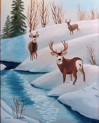 Original oil painting winter wildlife mule deer buck elk Carol Proebstel