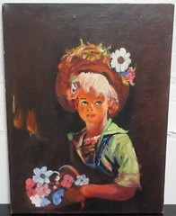 LE LONG GIRL WITH FLORAL BASKET AND HAT OIL ON CANVAS PAINTING SIGNED