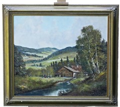 Joseph Frühmesser Signed Oil on Canvas Framed Mountain Landscape With Stream