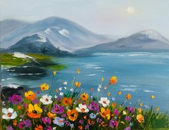 Mountain Lake Wildflowers Original Oil Painting Landscape Impasto Nature Wall Ar