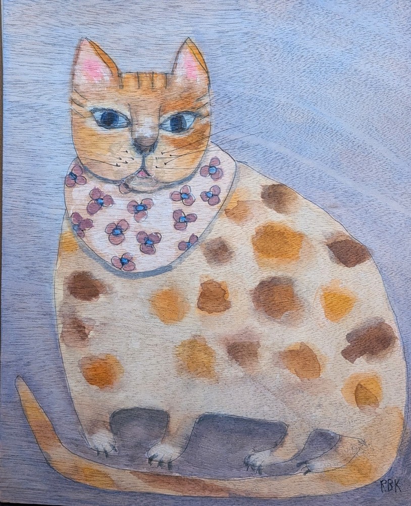 Original Watercolor Painting RBakerKates OOAK Cat Animal Art Folkart Medium Boho