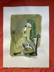 PICASSO – painting drawing 11.8 x 15.7 in on old paper signed stamped