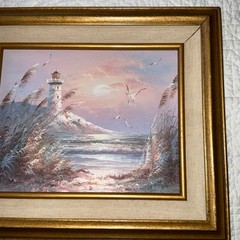 Vintage SEASCAPE sand dunes ocean oil Painting original hand painted lighthouse