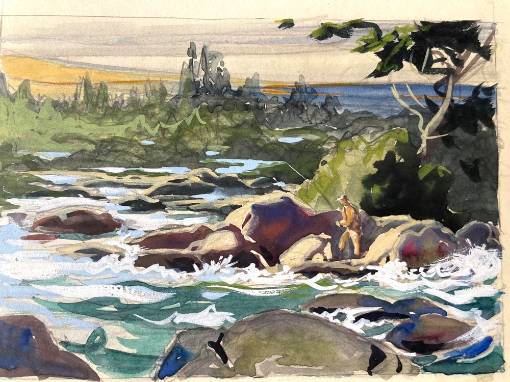 ORIGINAL 1949 LOUIS DARLING WATERCOLOR PAINTING “FLY FISHING THE RAPIDS”