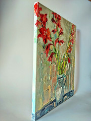 Textured Red Floral Still Life Original Oil Painting 20×16″ Canvas Wall Art