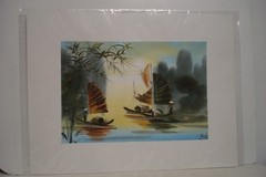 Original Watercolor on Silk Serene River Scene with Boats & Foliage