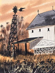 VTG 1978 Framed Original Watercolor by Thomas Haverfield, Barn, Farm, Windmill