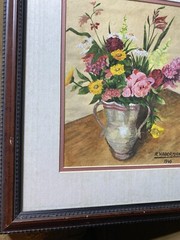 R Habermann 1966 „Still Life With Flowers Scene“ Gouache Painting -Signed/Framed