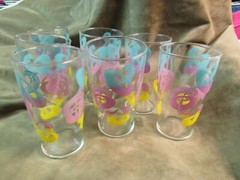 Circa 1950s Mid Century Decorated Glass Tumbler Lot Geometric Blue Purple Yellow