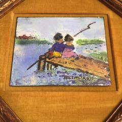 Enamel on Copper Painting SIGNED Helen Regenstreif Children Fishing 10” Vintage