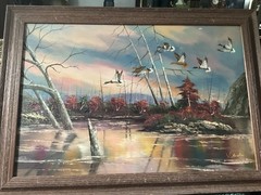 42×30 Vintage Fall Landscape Oil Sign Stanton