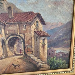 Vintage Original Oil Painting Framed Rustic Village Scene Man Donkey Dog