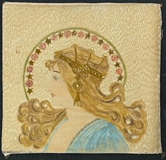 Art Nouveau Velvet Portrait Of Crowned Lady Hand Painted Textile, Czechoslovakia