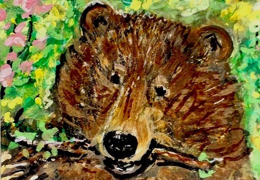 ORIGINAL ACEO Painting Brown BEAR w Twig Spring Landscape Grizzly Animal ATC ART