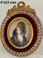 ANTIQUE GILT BRONZE RIBBON BOW PORTRAIT SPANISH LADY,WATERCOLOUR PAINTING,SIGNED