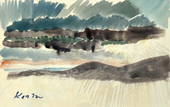 Mountains & Sky Landscape 5 5/8″ x 8 3/4″ WC Painting-C. 1960s-Adolf Konrad